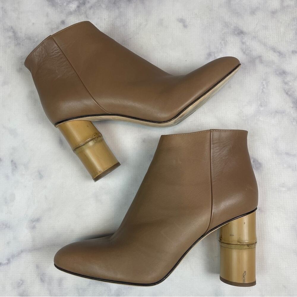 Shaina Mote Ikebana Bamboo Structural Heel Taupe Leather Ankle Boots Sz 40